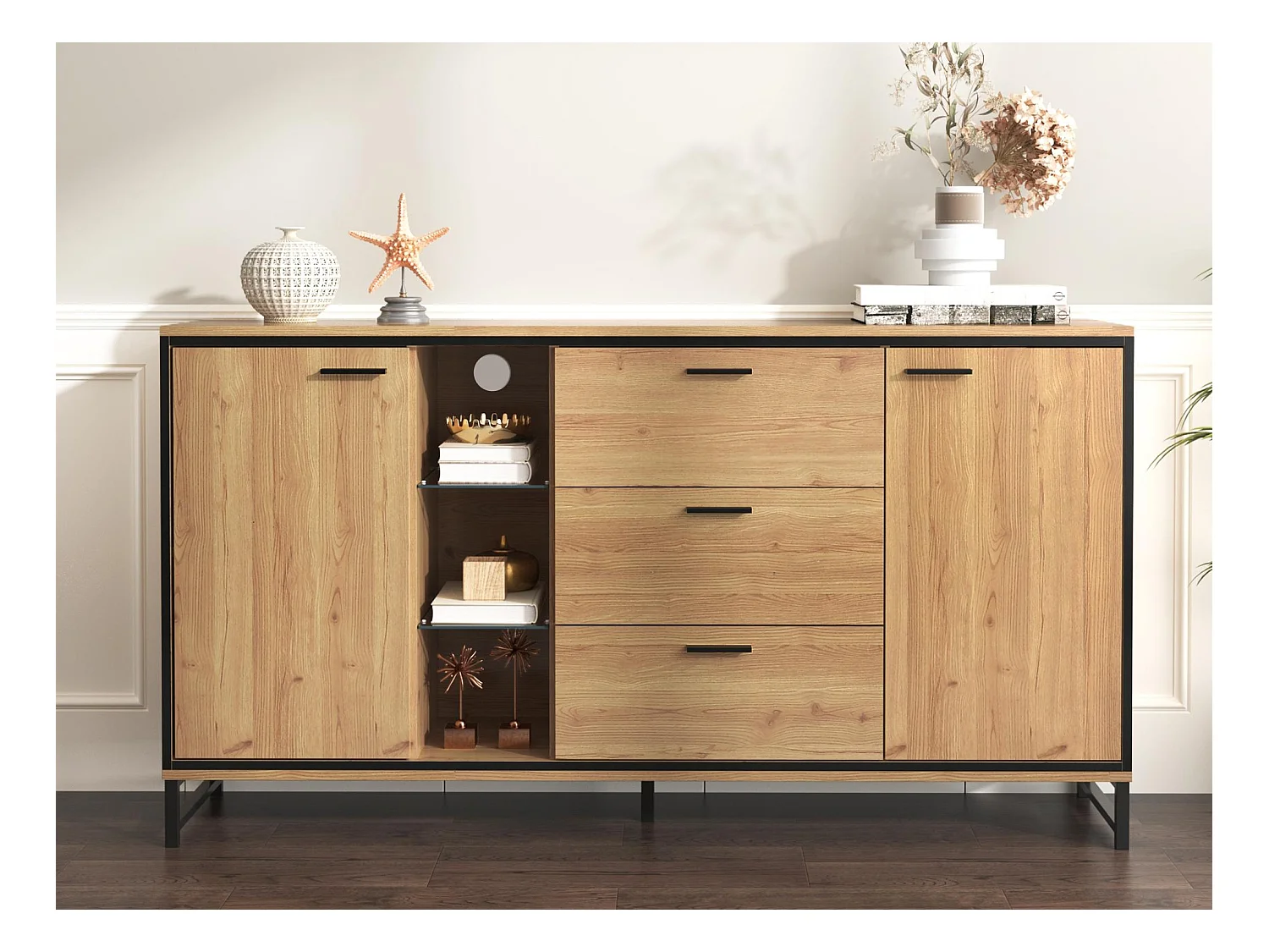 Buffet bas avec LED - 3 tiroirs & 2 portes & 3 étagères - Naturel