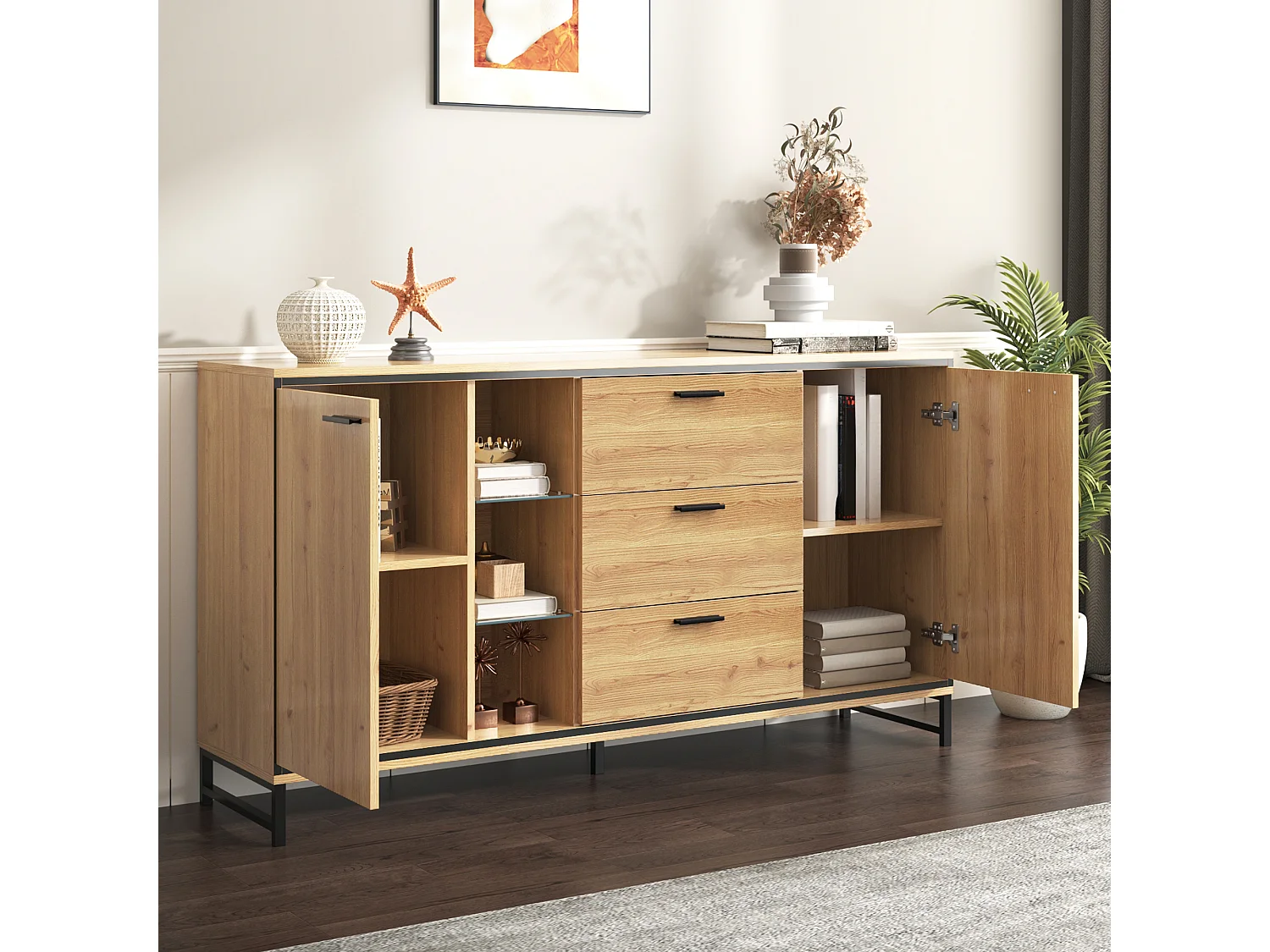 Buffet bas avec LED - 3 tiroirs & 2 portes & 3 étagères - Naturel