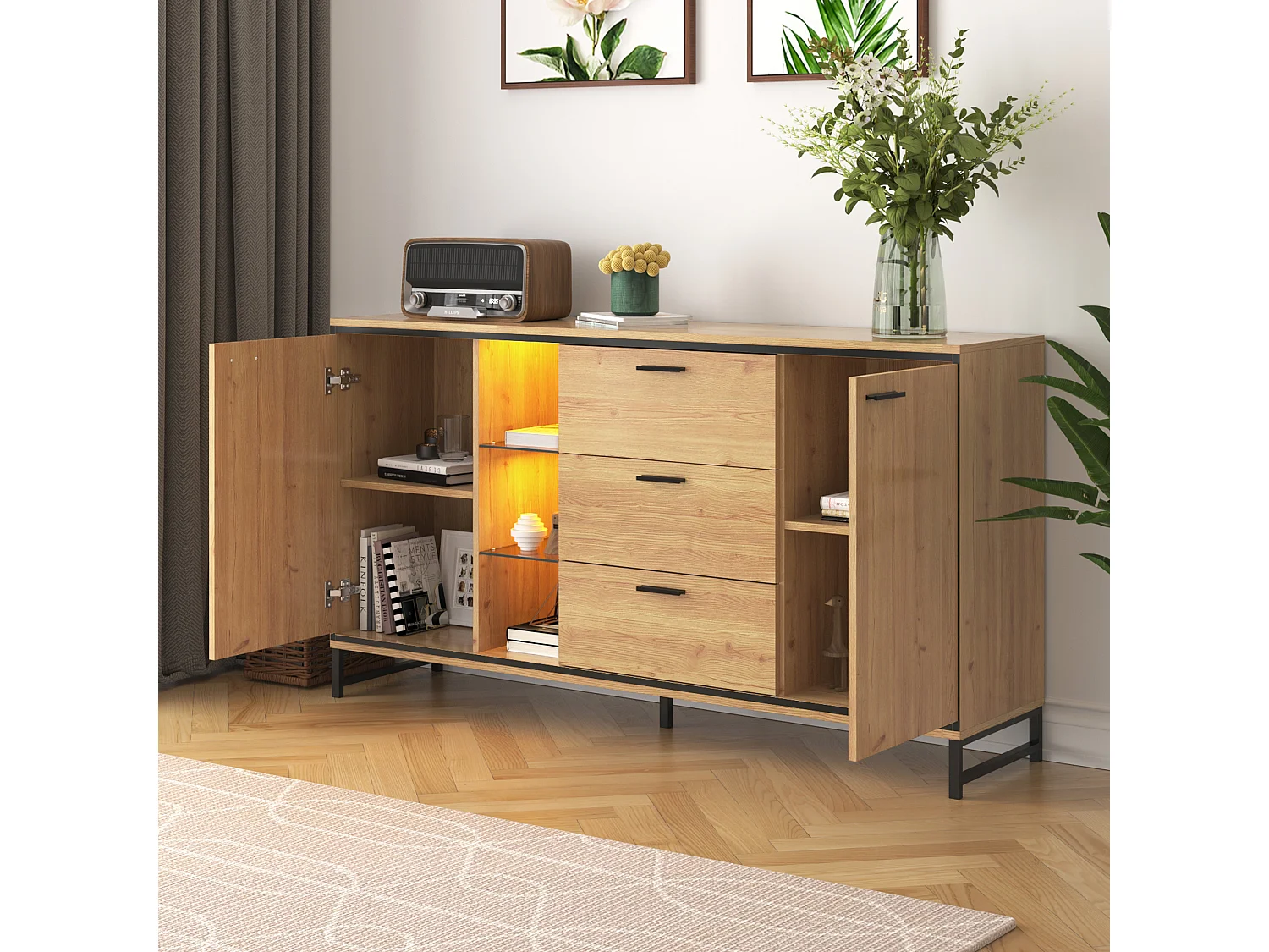 Buffet bas avec LED - 3 tiroirs & 2 portes & 3 étagères - Naturel