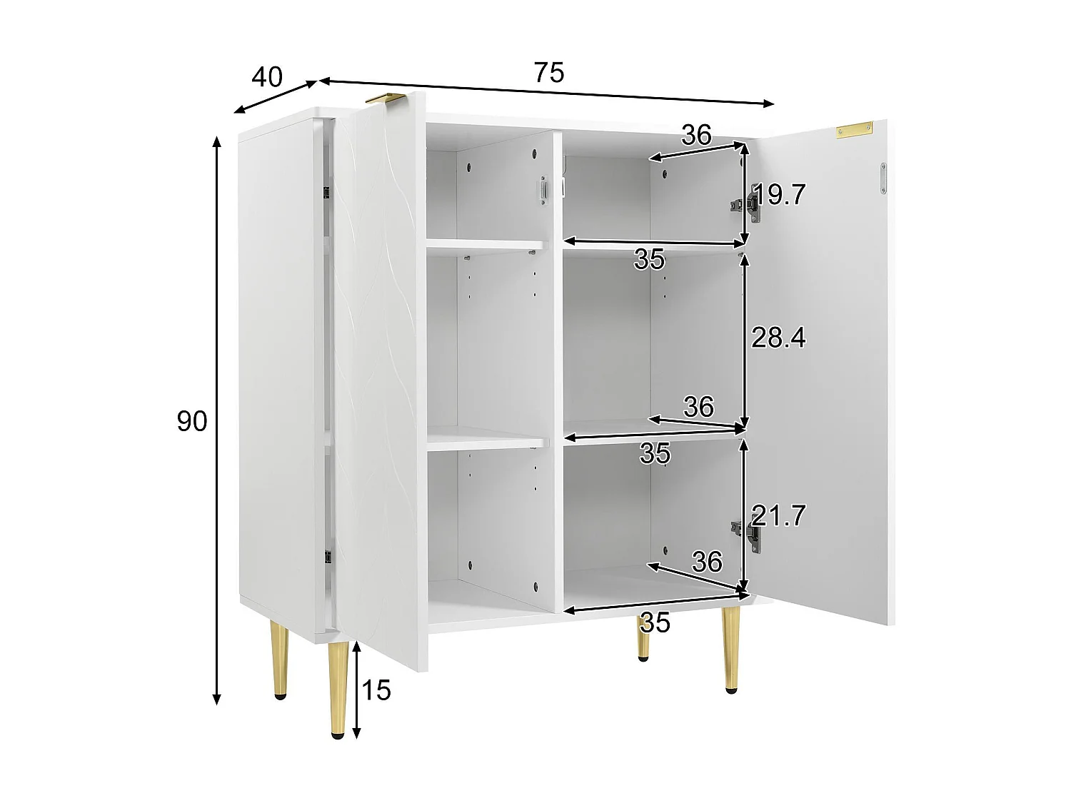 Buffet avec 2 portes - pieds et poignées plaqués or - motif floral - blanc