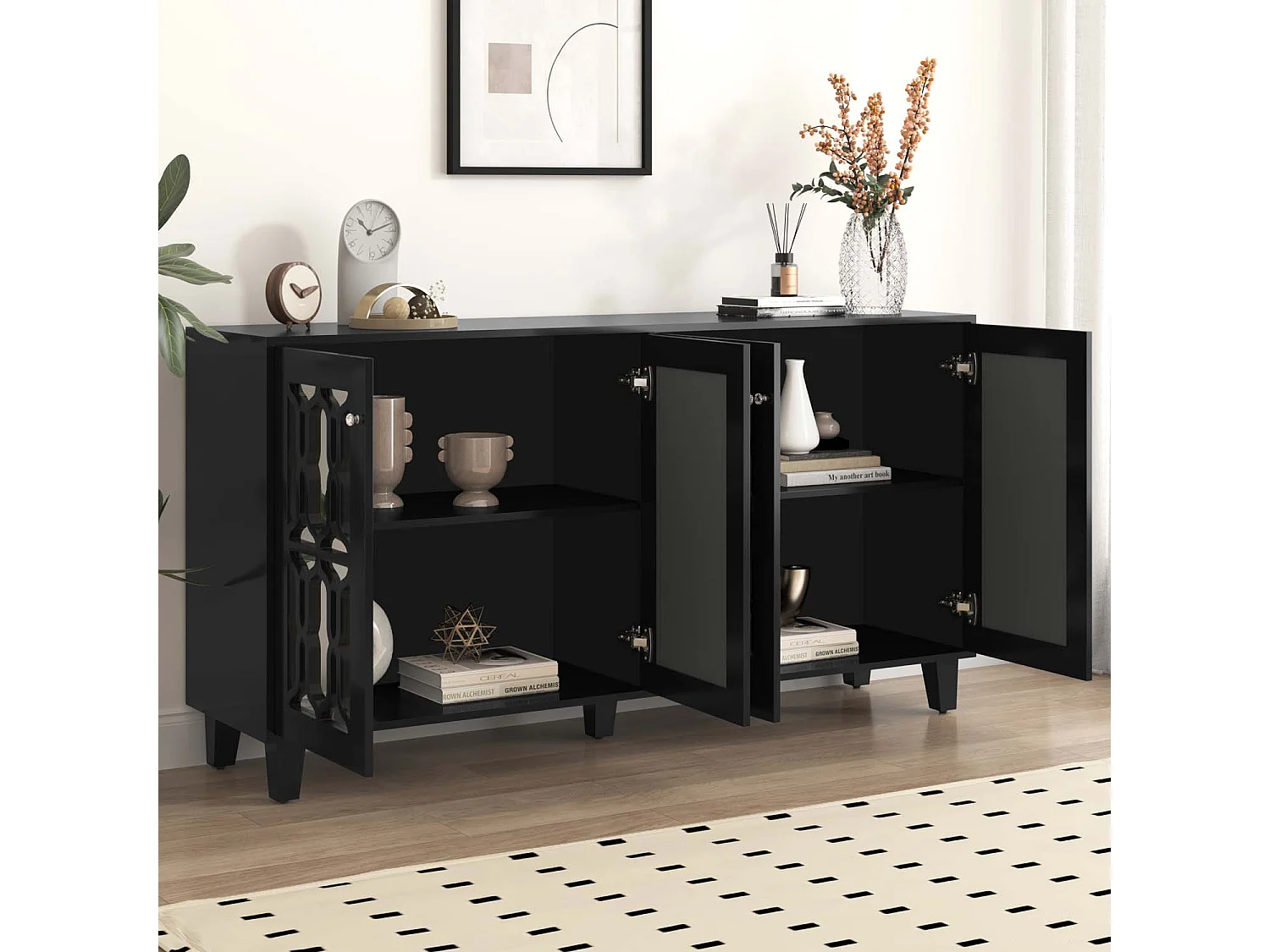 Sideboard – 4 Türen und verstellbare Einlegeböden – Kristallgriff – Schwarz
