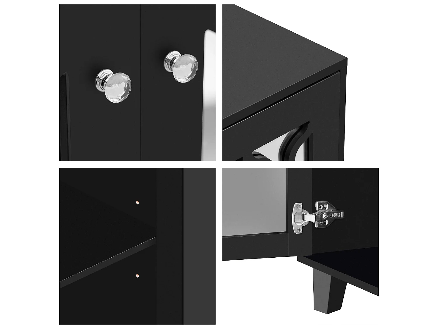 Sideboard – 4 Türen und verstellbare Einlegeböden – Kristallgriff – Schwarz