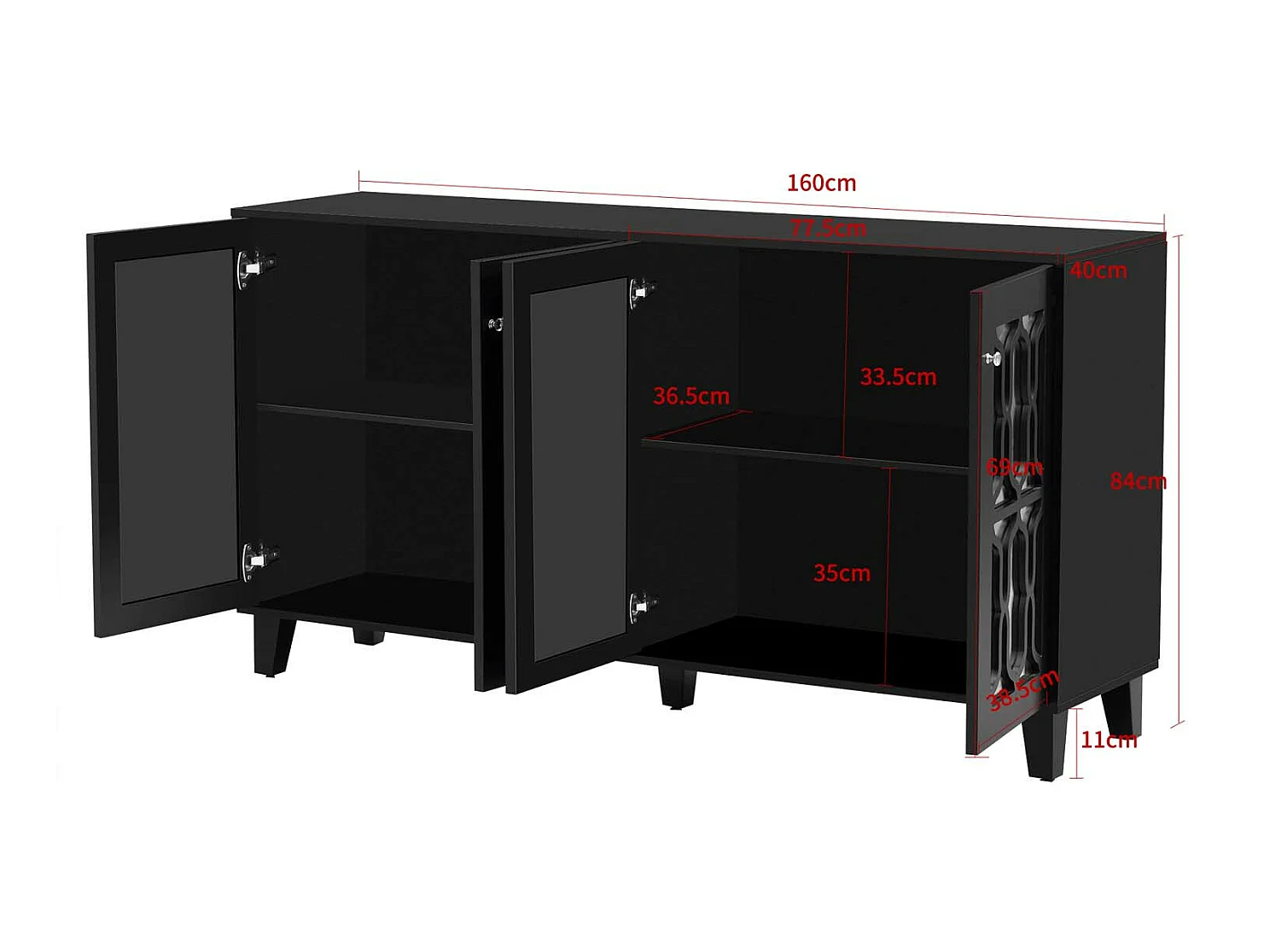 Sideboard – 4 Türen und verstellbare Einlegeböden – Kristallgriff – Schwarz