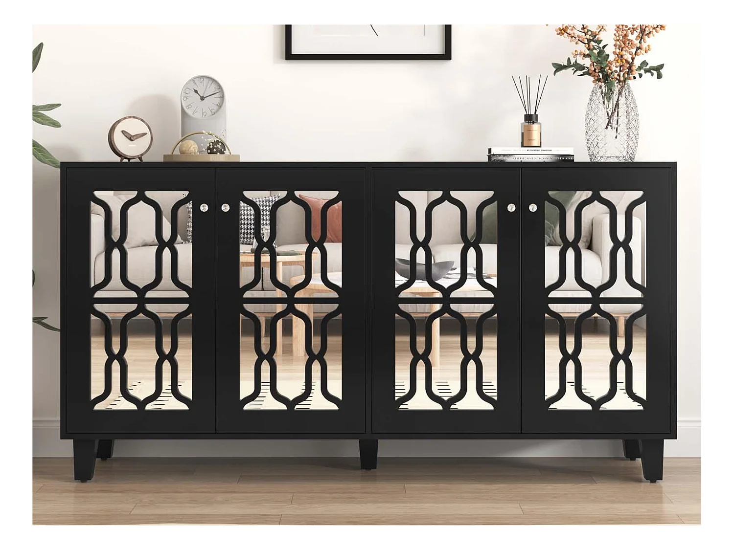 Buffet - 4 portes et étagères réglable - poignée en cristal - Noir
