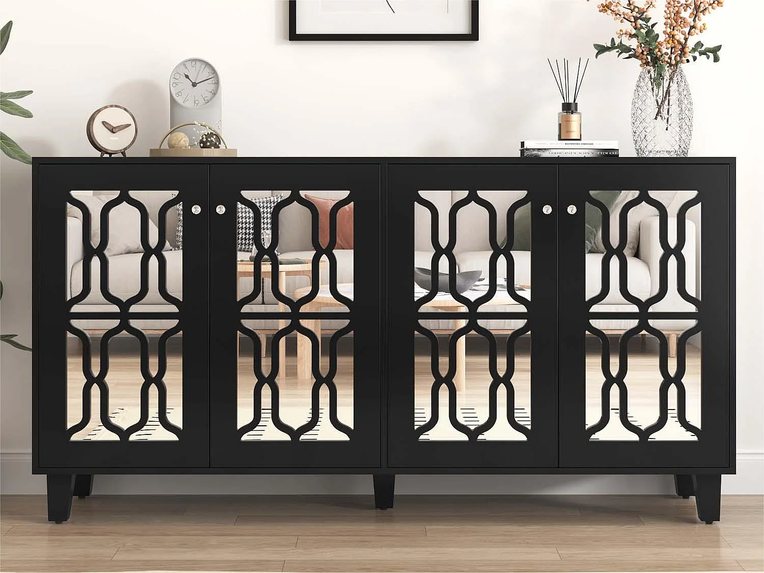 Dressoir - 4 deuren en verstelbare planken - kristallen handgreep - Zwart