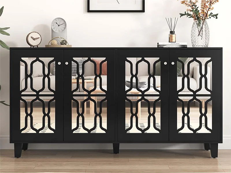 Dressoir - 4 deuren en verstelbare planken - kristallen handgreep - Zwart