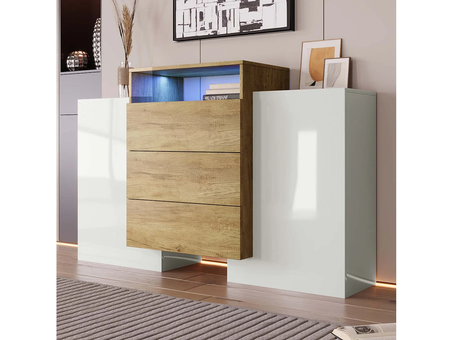 Credenza bassa con LED - 2 ante 3 cassetti - naturale e bianco