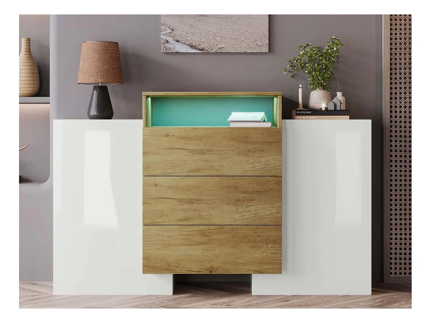 Buffet bas avec LED - 2 portes 3 tiroirs - naturel & blanc