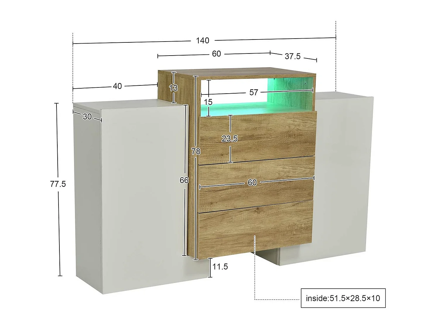 Aparador bajo con LED - 2 puertas 3 cajones - natural y blanco