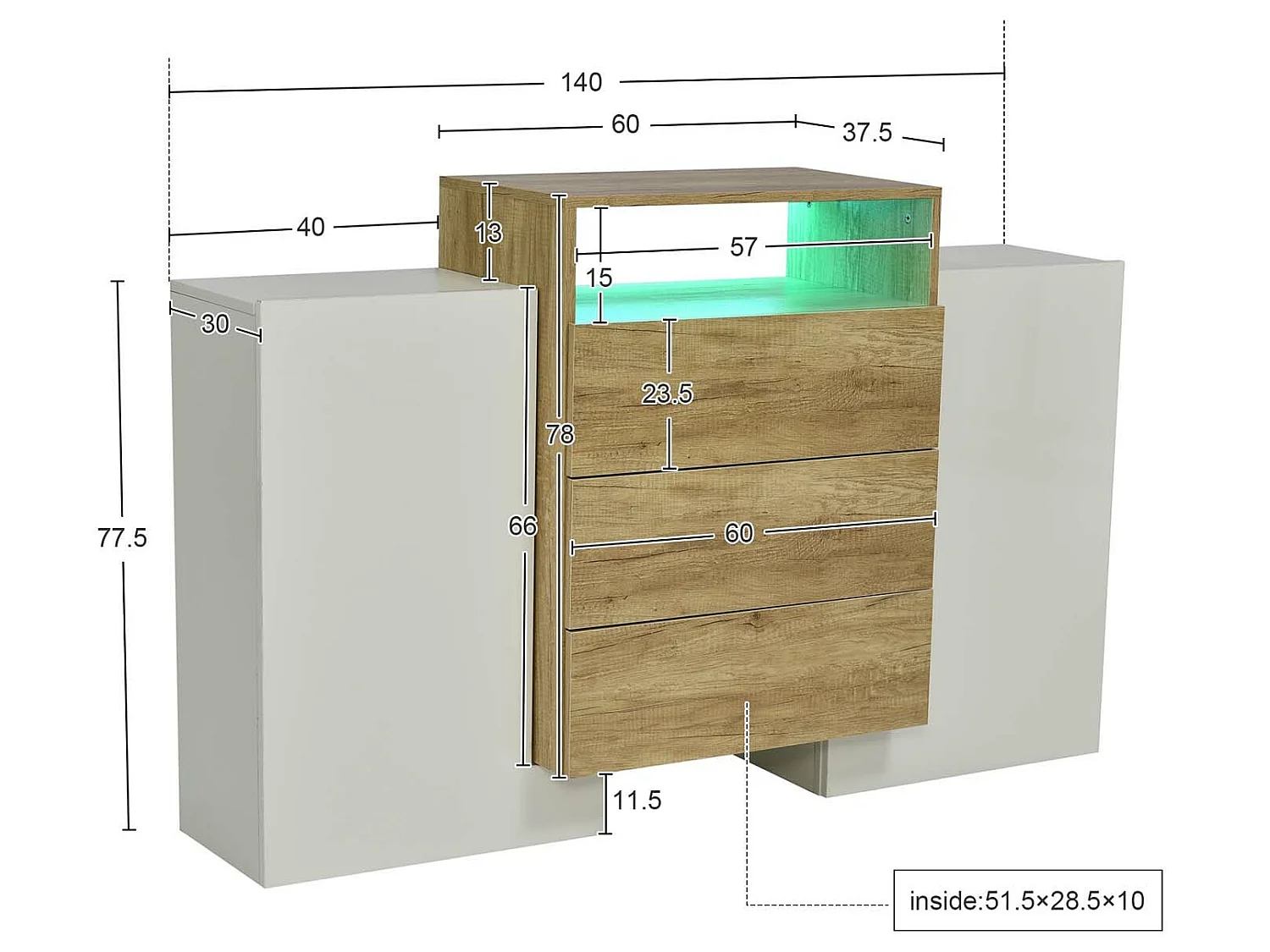 Buffet bas avec LED - 2 portes 3 tiroirs - naturel & blanc