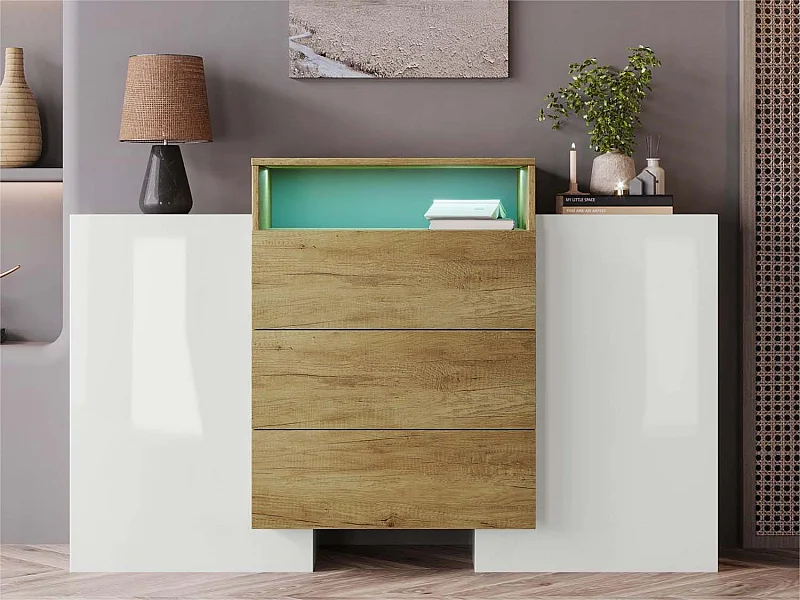 Sideboard mit 2 Türen 3 Schubladen und LED – für Wohn- und Schlafzimmer – Natur & Weiß
