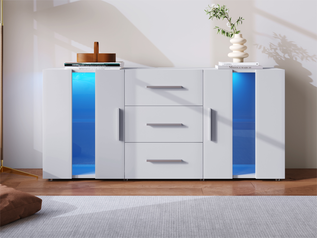 Sideboard mit 2 Turen 3 Schubladen und LED Einlegeboden weiB