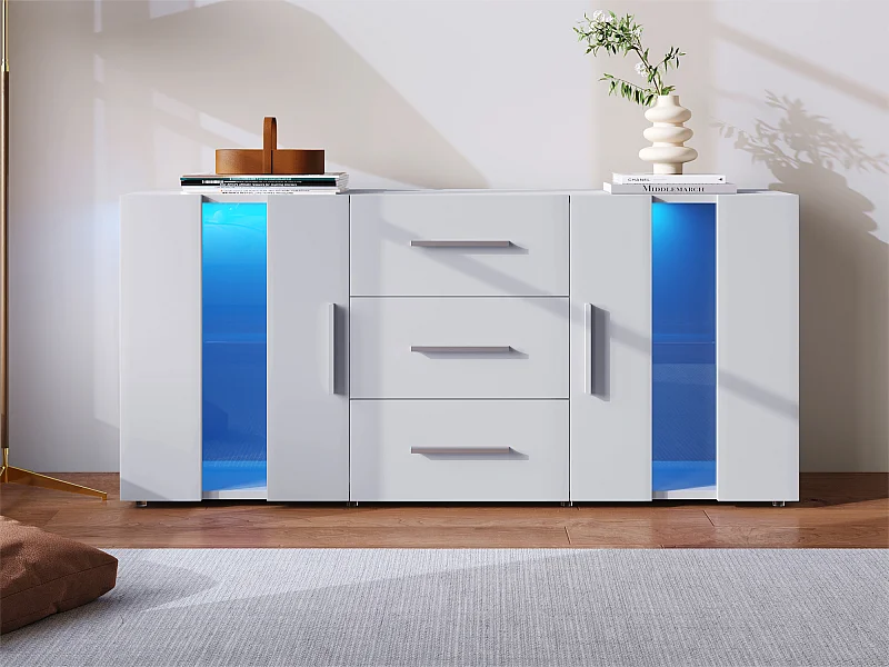 Aparador bajo con LED - 2 puertas y 3 cajones - estantes regulables - Blanco