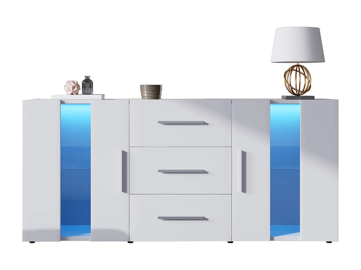 Credenza bassa con LED - 2 ante e 3 cassetti - ripiani regolabili - Bianco