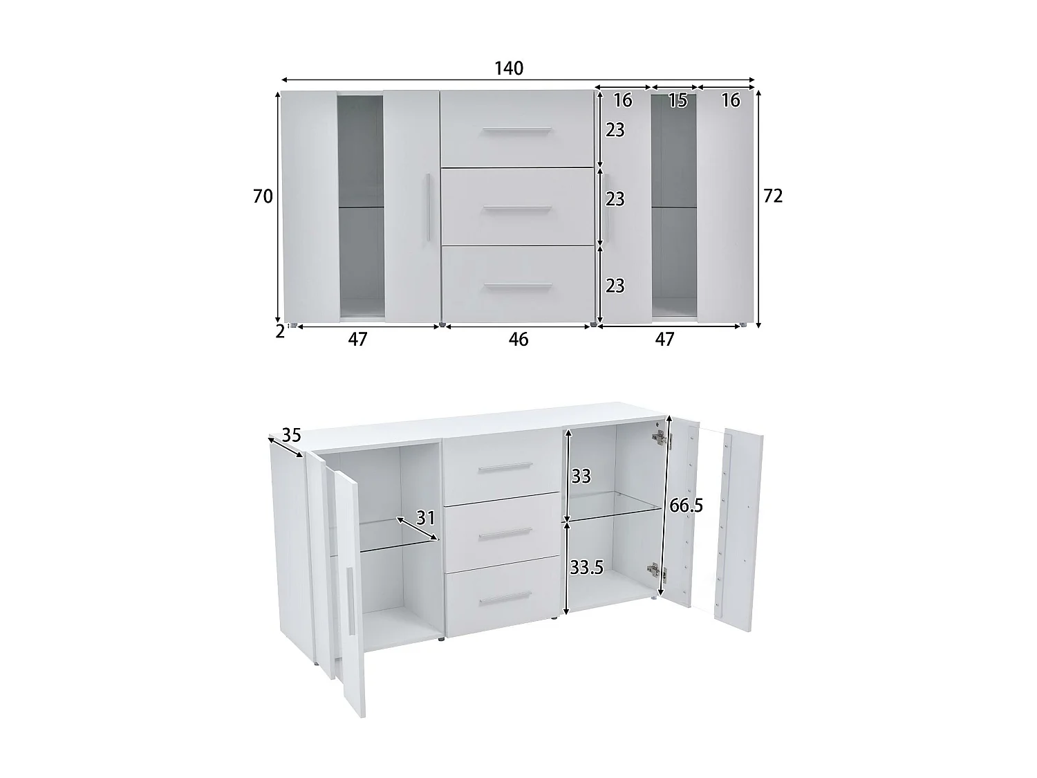 Credenza bassa con LED - 2 ante e 3 cassetti - ripiani regolabili - Bianco
