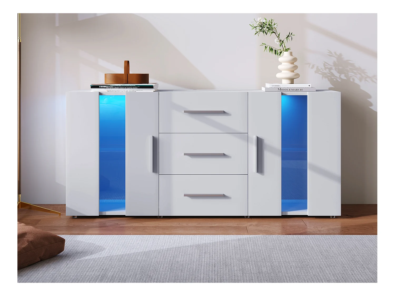 Buffet bas avec LED - 2 portes & 3 tiroirs - étagères réglables - Blanc