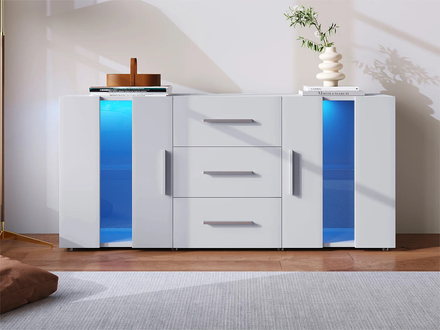 Aparador bajo con LED - 2 puertas y 3 cajones - estantes regulables - Blanco