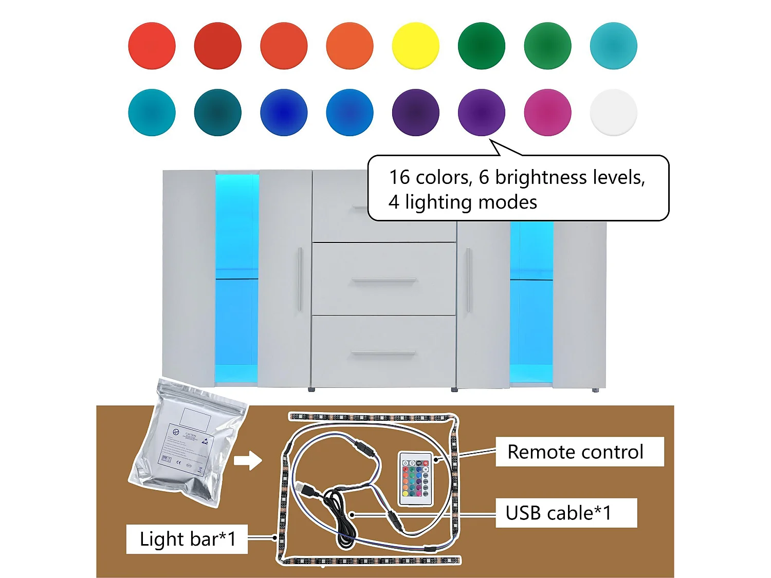 Aparador bajo con LED - 2 puertas y 3 cajones - estantes regulables - Blanco