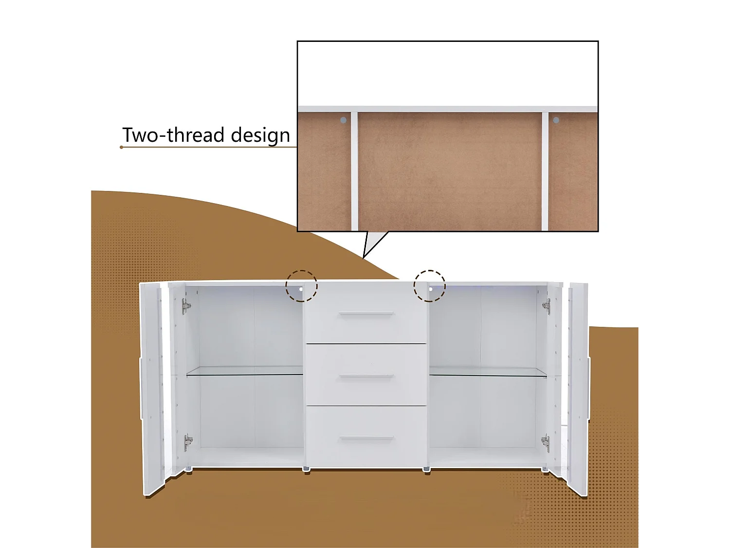 Aparador bajo con LED - 2 puertas y 3 cajones - estantes regulables - Blanco