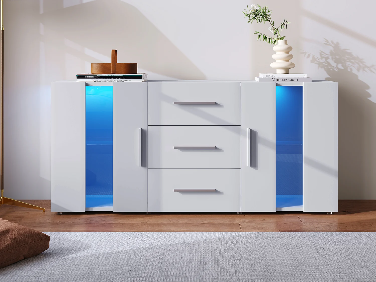 Buffet bas avec LED - 2 portes & 3 tiroirs - étagères réglables - Blanc