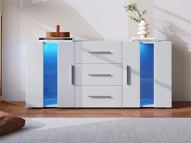 Niedriges Sideboard mit LED – 2 Türen und 3 Schubladen – verstellbare Einlegeböden – Weiß