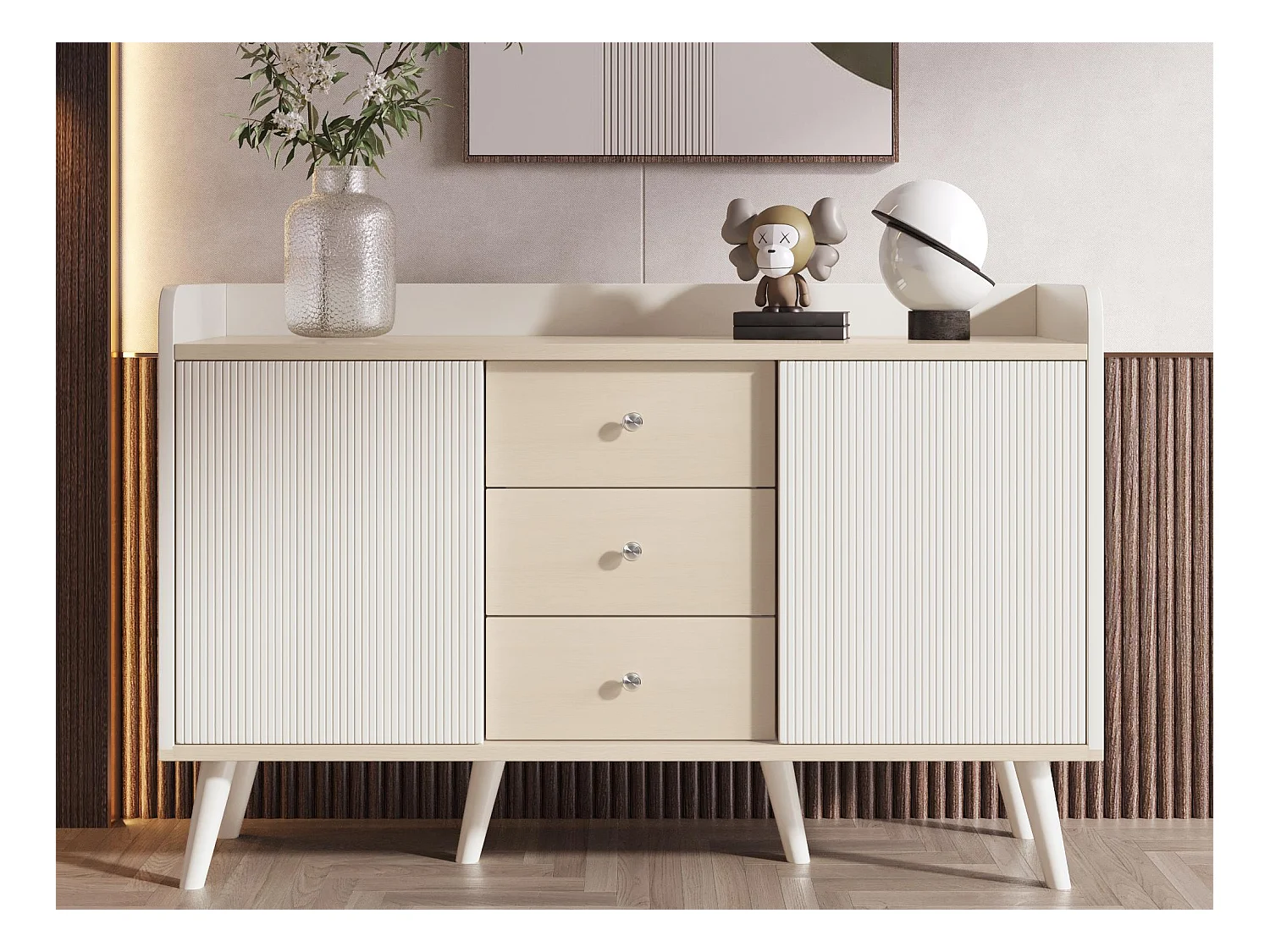 Buffet bas avec 3 tiroirs et 2 portes - style contemporain - Blanc & Naturel
