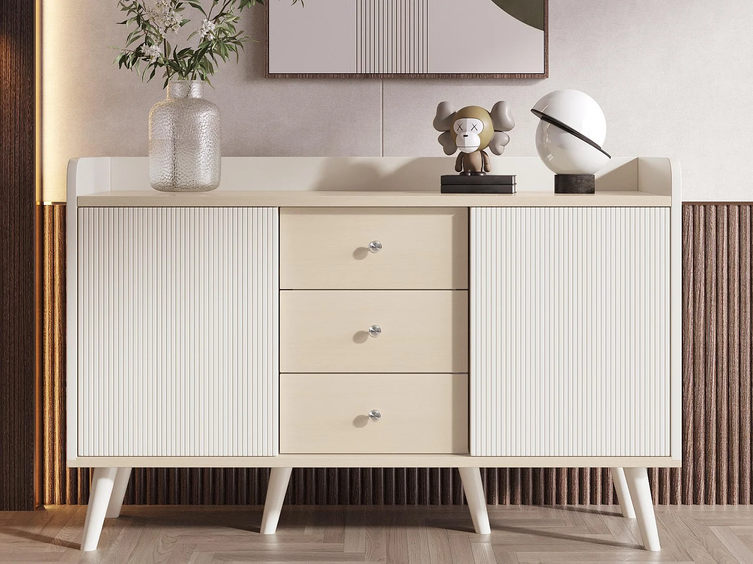 Niedriges Sideboard mit 3 Schubladen und 2 Türen – zeitgenössischer Stil – Weiß und Natur