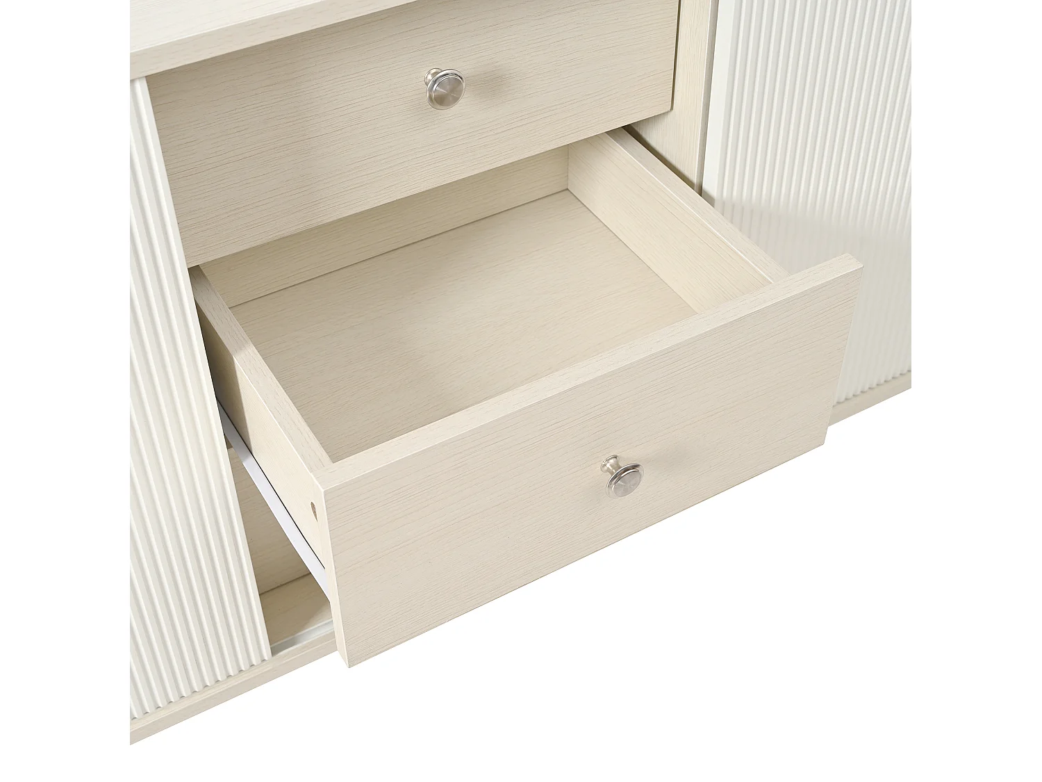 Niedriges Sideboard mit 3 Schubladen und 2 Türen – zeitgenössischer Stil – Weiß und Natur