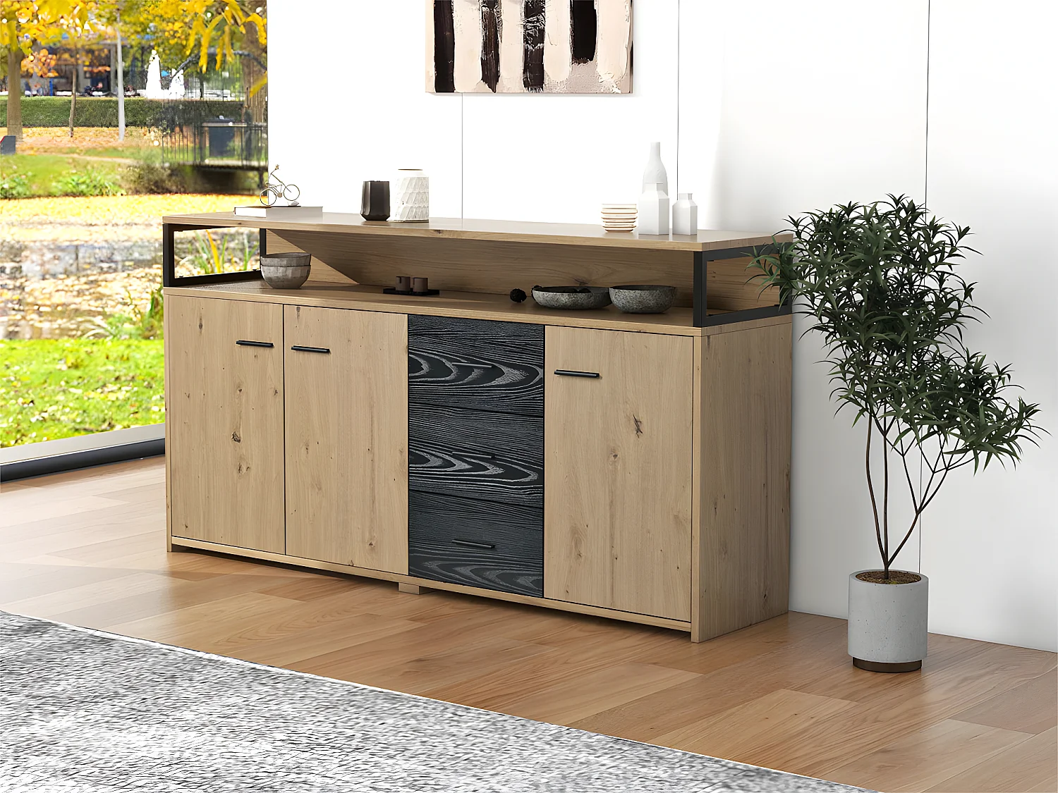 Buffet bas - 3 portes et 3 tiroirs - style industriel - Naturel & Noir