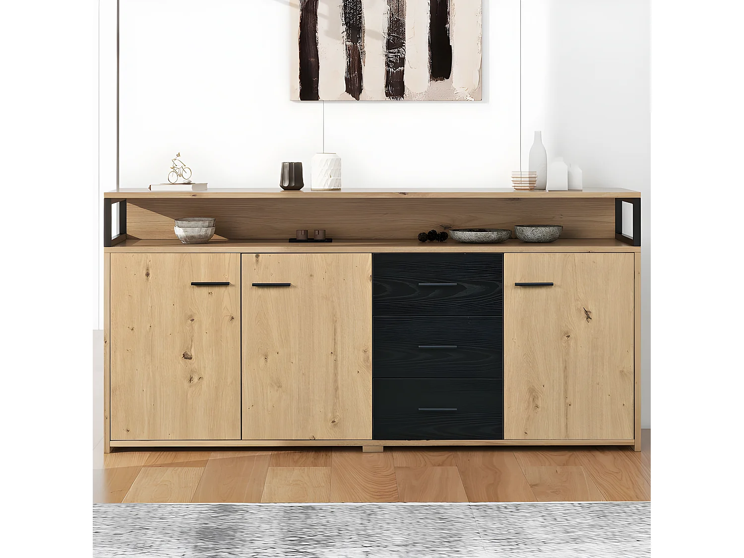 Buffet bas - 3 portes et 3 tiroirs - style industriel - Naturel & Noir