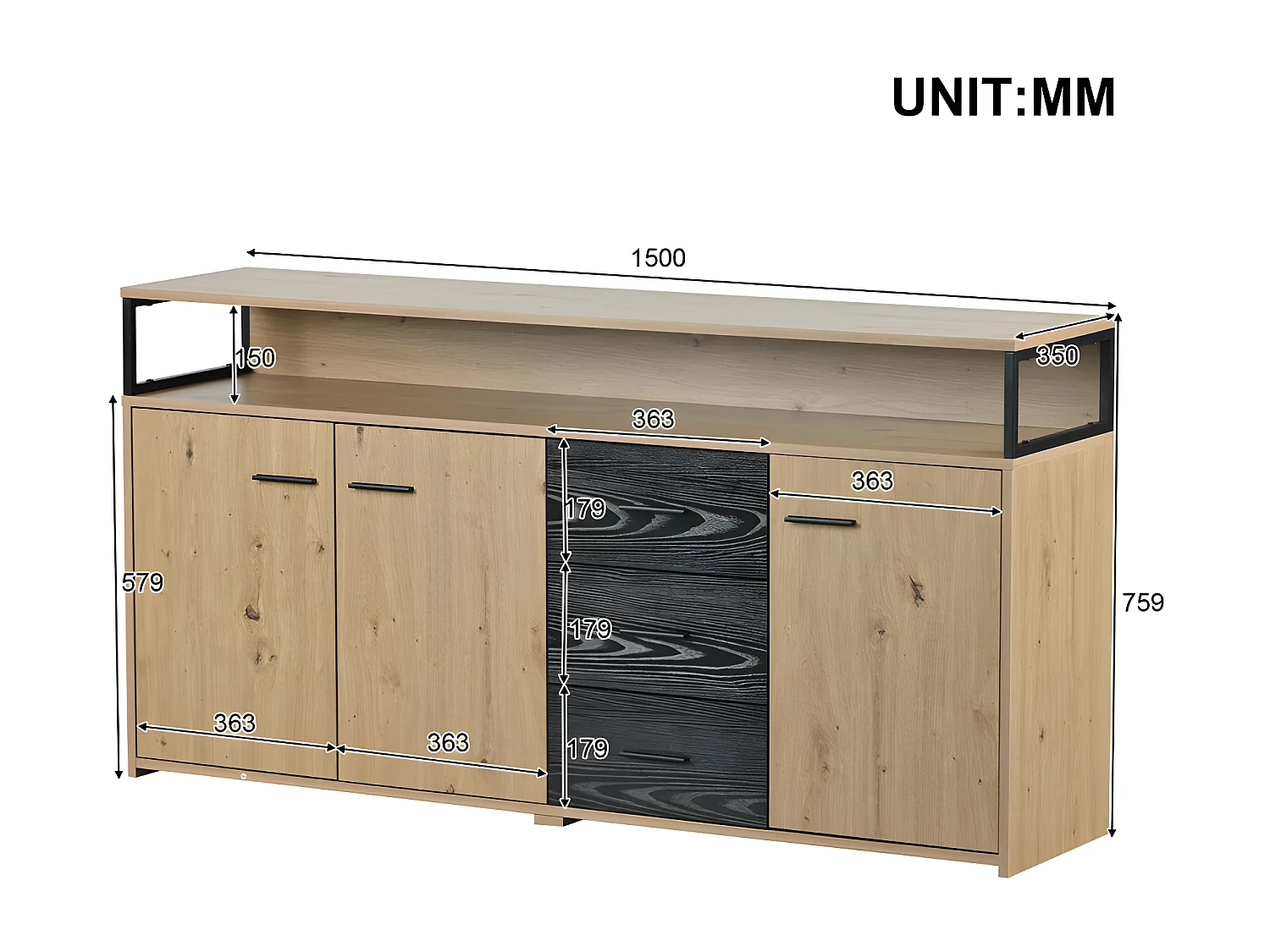 Buffet bas - 3 portes et 3 tiroirs - style industriel - Naturel & Noir