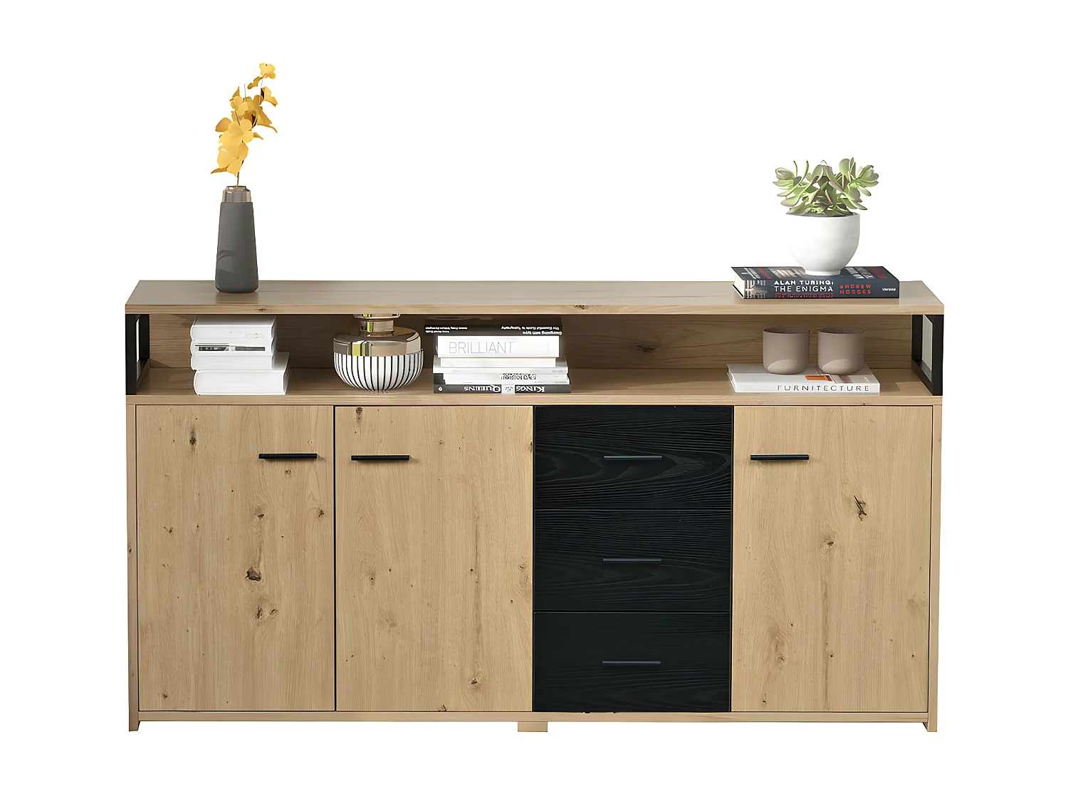 Buffet bas - 3 portes et 3 tiroirs - style industriel - Naturel & Noir