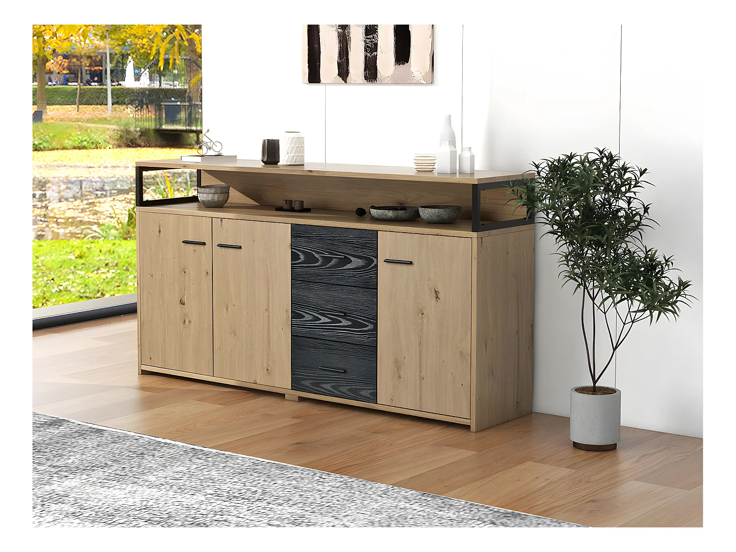 Buffet bas - 3 portes et 3 tiroirs - style industriel - Naturel & Noir
