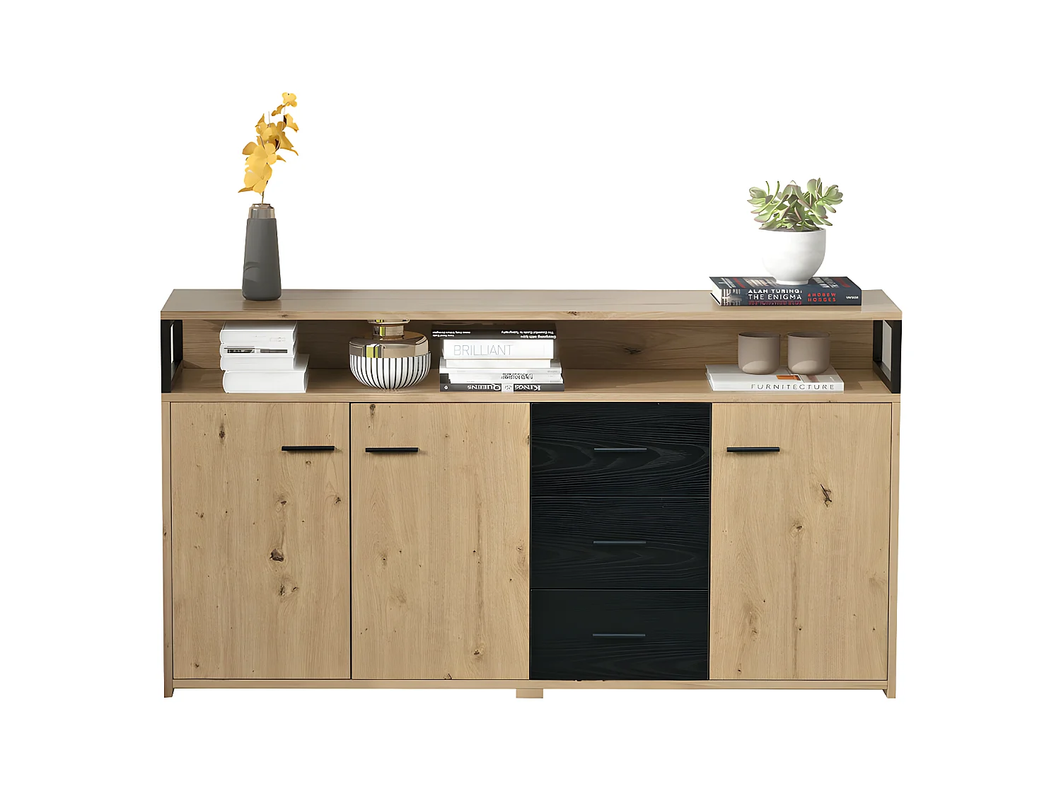 Laag dressoir - 3 deuren en 3 lades - industriële stijl - Naturel & Zwart