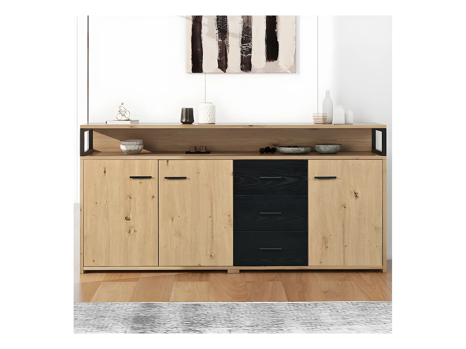 Laag dressoir - 3 deuren en 3 lades - industriële stijl - Naturel & Zwart