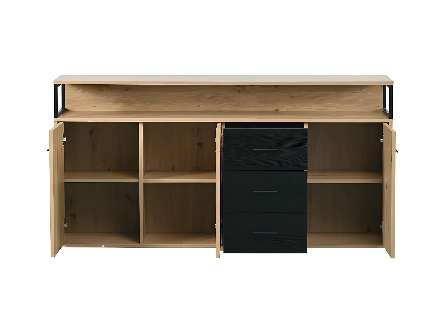 Laag dressoir - 3 deuren en 3 lades - industriële stijl - Naturel & Zwart