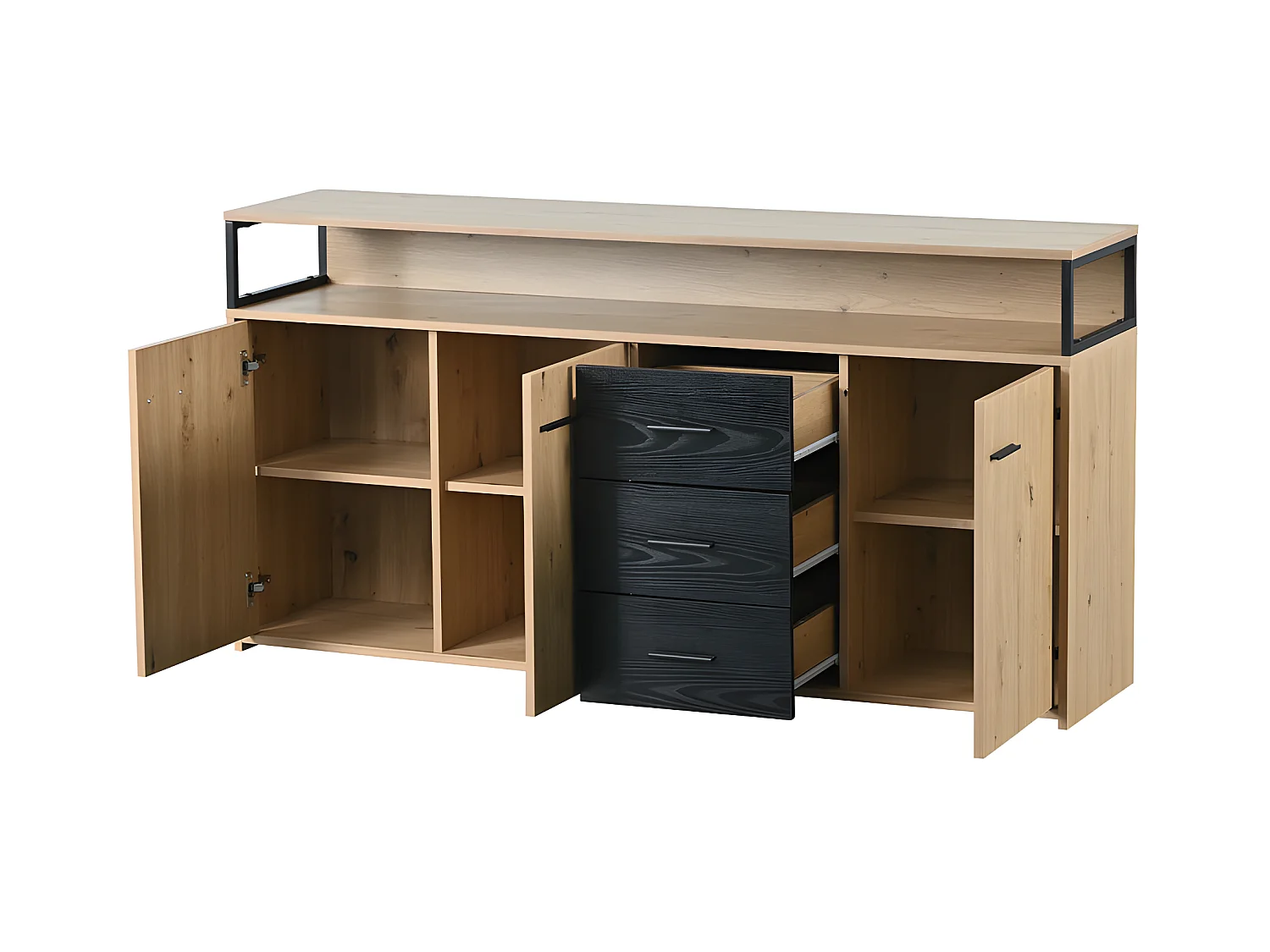 Laag dressoir - 3 deuren en 3 lades - industriële stijl - Naturel & Zwart