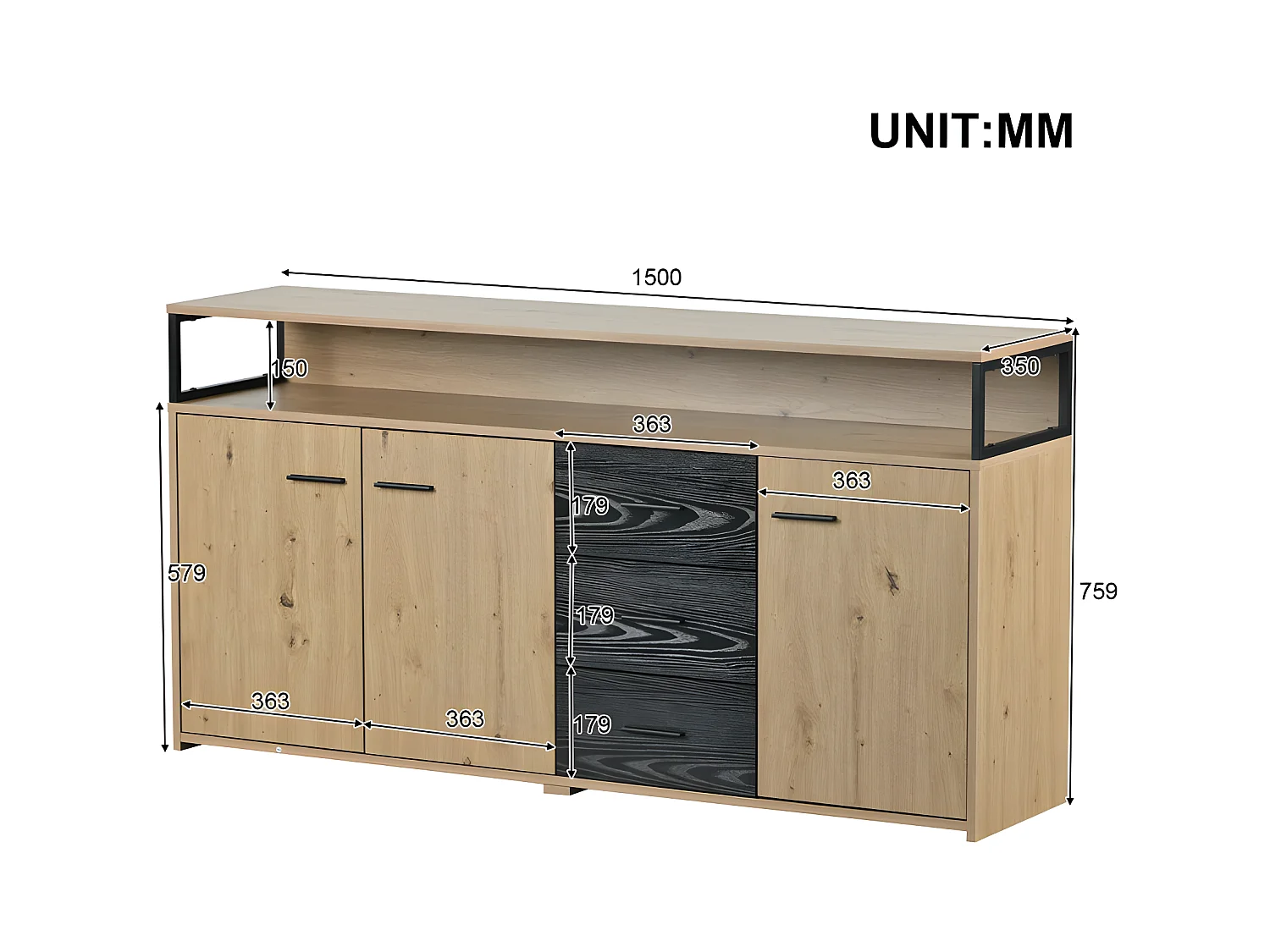 Laag dressoir - 3 deuren en 3 lades - industriële stijl - Naturel & Zwart