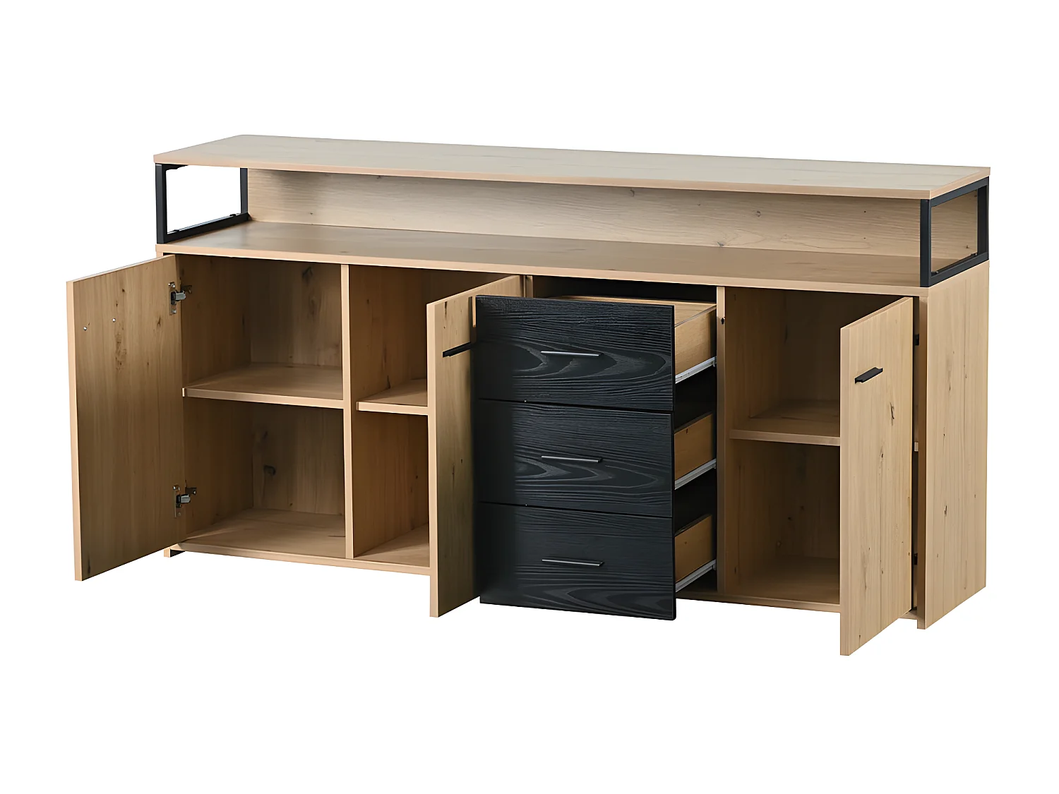 Buffet bas - 3 portes et 3 tiroirs - style industriel - Naturel & Noir