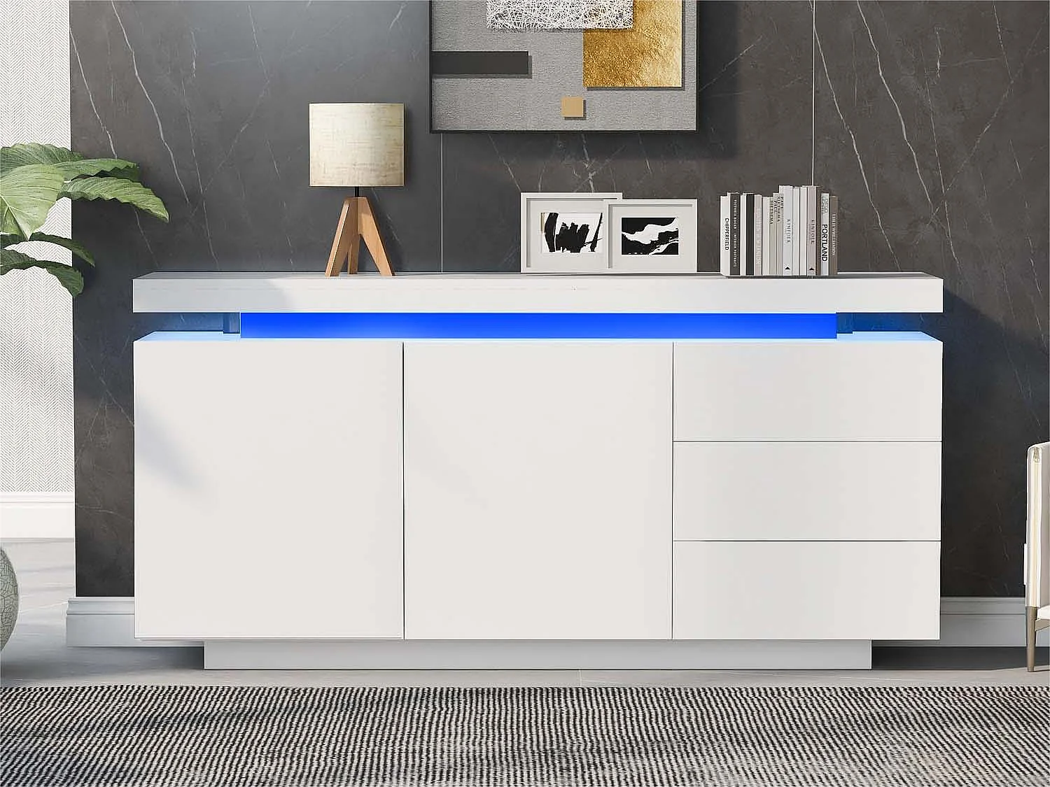 Buffet moderne avec LED- 2 portes et 3 tiroirs - Blanc