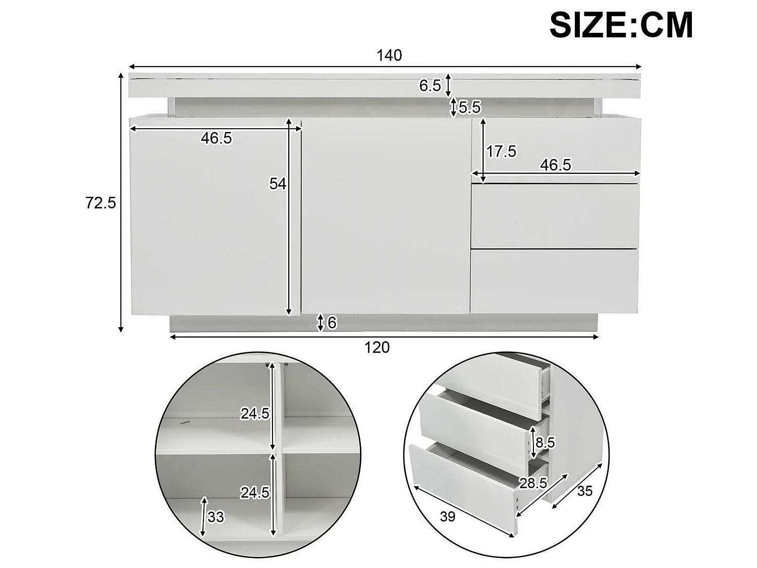 Buffet moderne avec LED- 2 portes et 3 tiroirs - Blanc