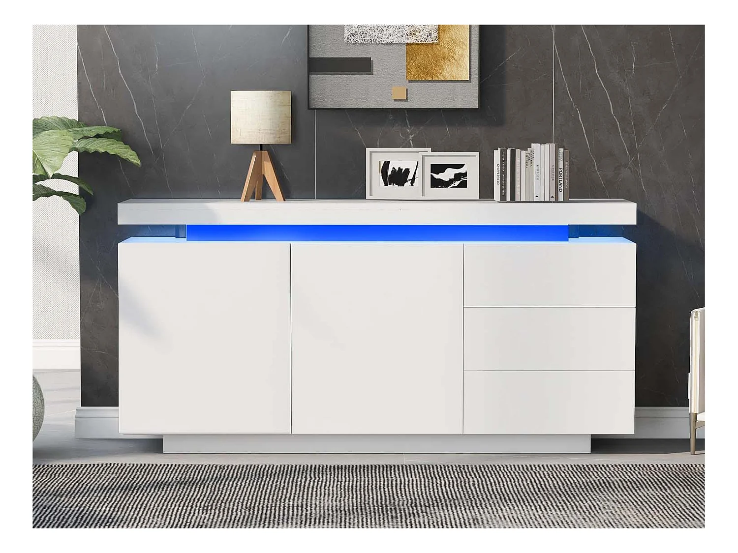 Buffet moderne avec LED- 2 portes et 3 tiroirs - Blanc