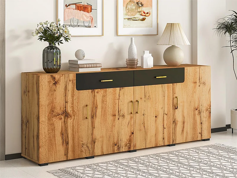 Buffet L 200cm - 4 portes avec 2 tiroirs - Naturel