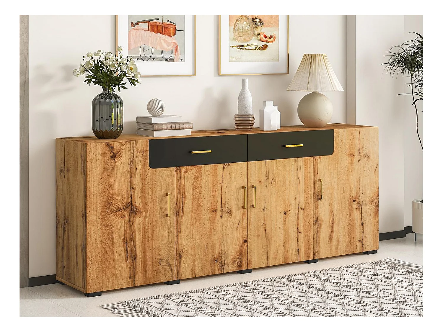 Buffet L 200cm - 4 portes avec 2 tiroirs - Naturel