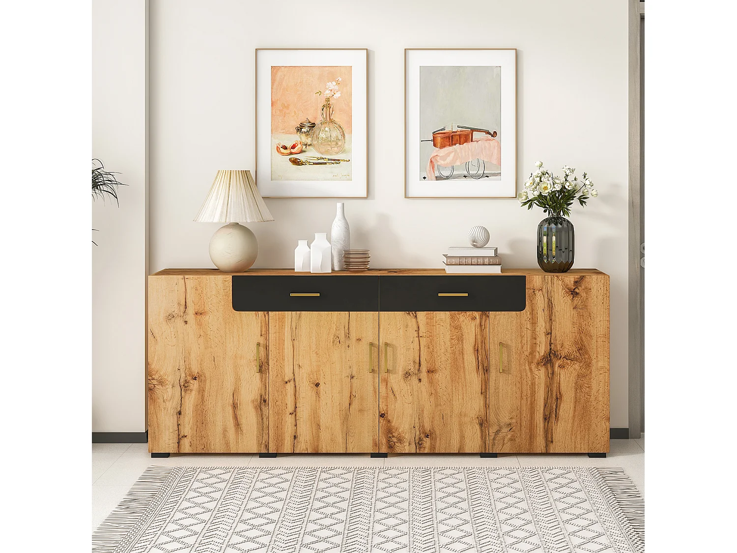 Dressoir L 200cm - 4 deuren met 2 laden - Naturel