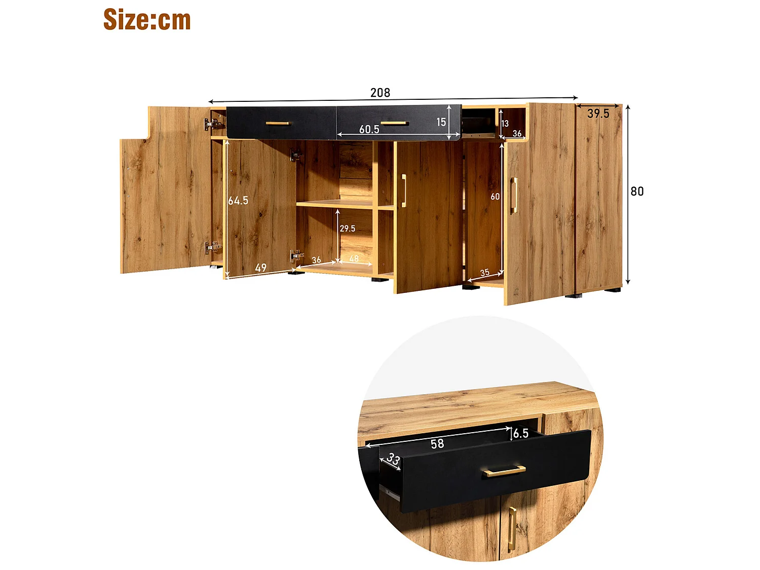 Dressoir L 200cm - 4 deuren met 2 laden - Naturel