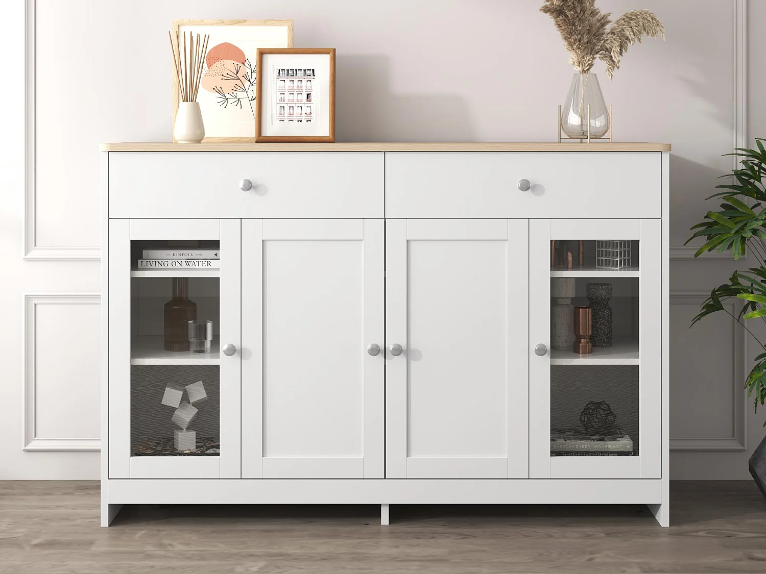 Sideboard mit 2 Schubladen und Glastüren – für Wohn- und Esszimmer – Weiß