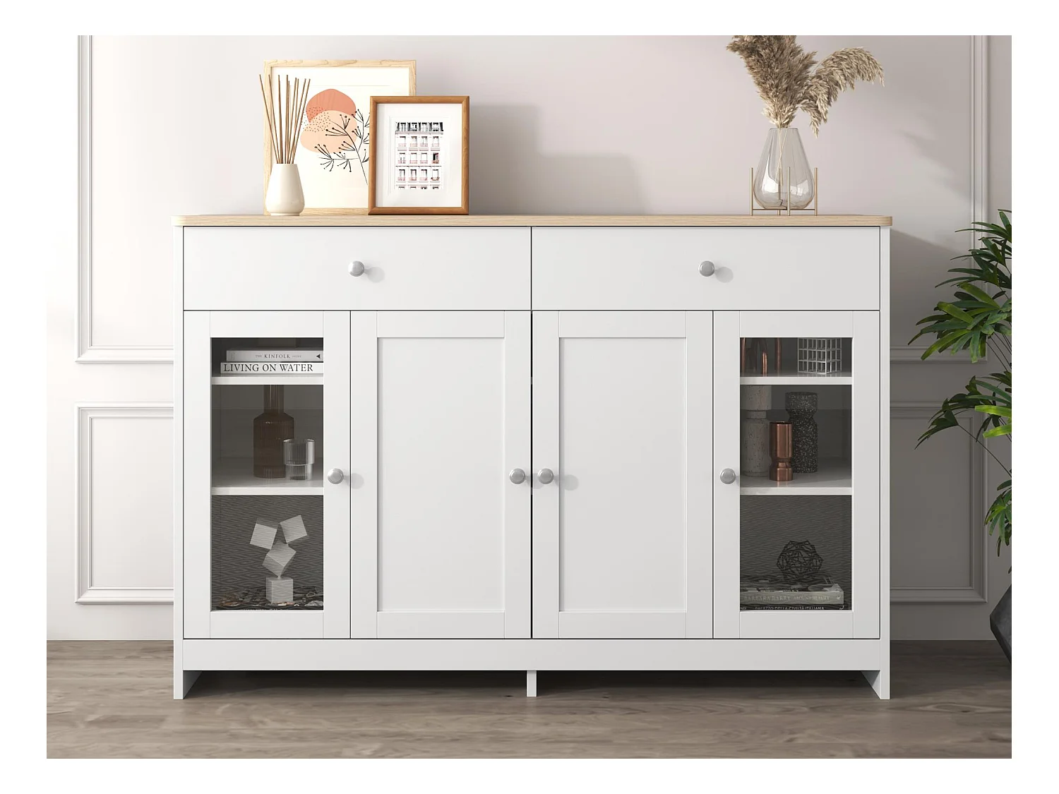 Buffet avec 2 tiroirs et portes en verre - pour salon et salle à manger - Blanc