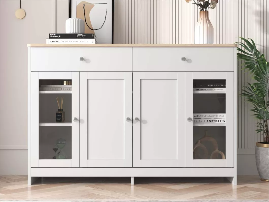 Kauf Unique Sideboard mit 2 Schubladen und Glastüren – für Wohn- und Esszimmer – weiß