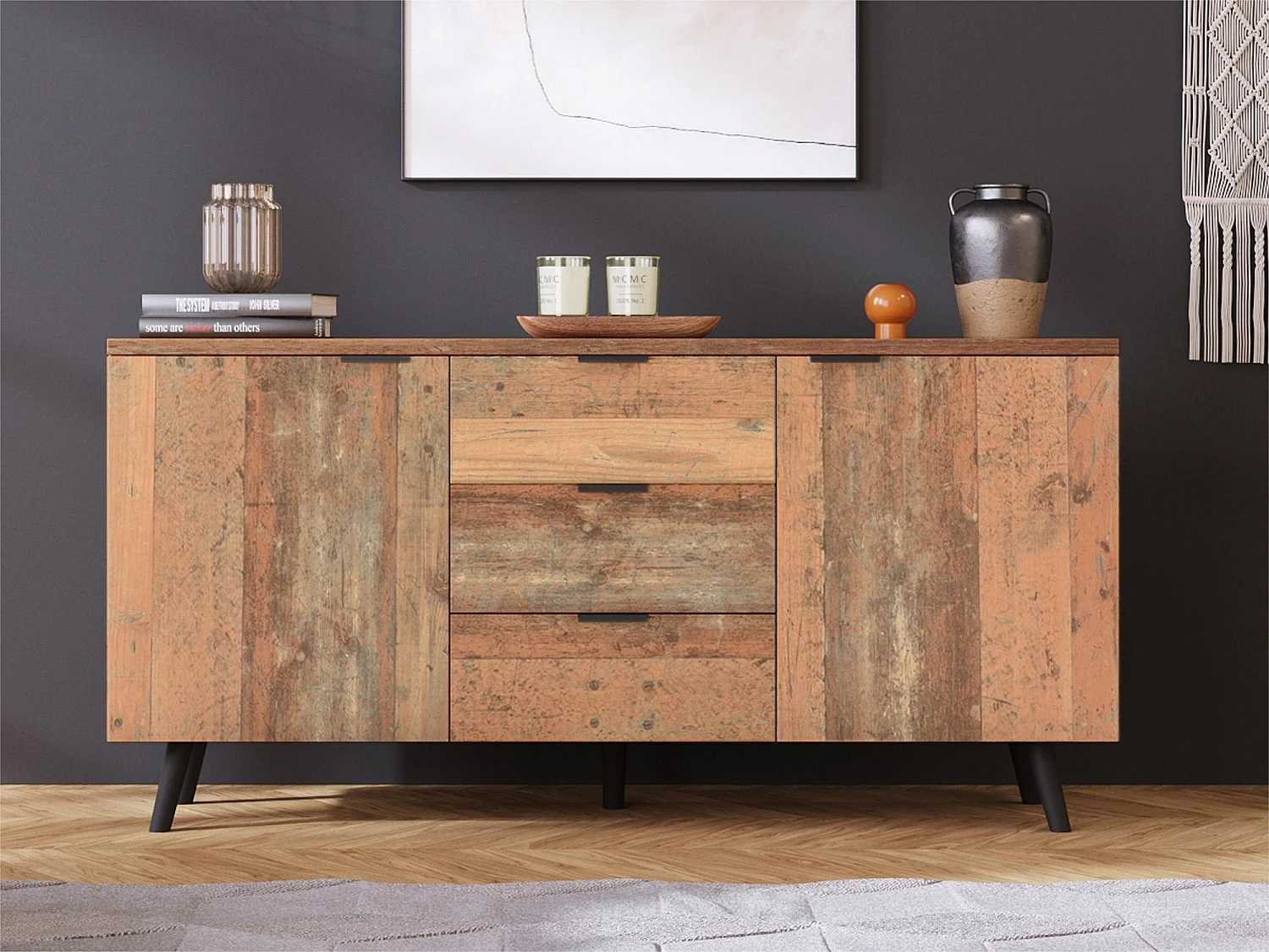 Niedriges Sideboard – 2 Türen und 3 Schubladen – verstellbare Einlegeböden – Braun